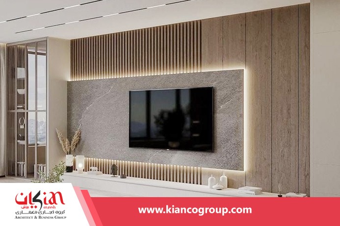 دکور دیوار تلویزیون با چوب ترمو و ماربل شیت